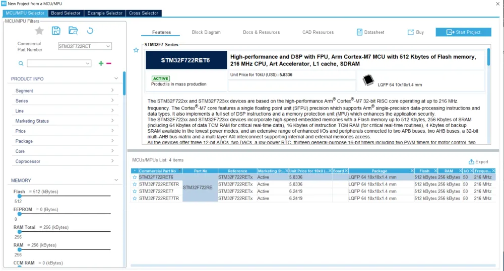 STM32CubeMX MCU Selector